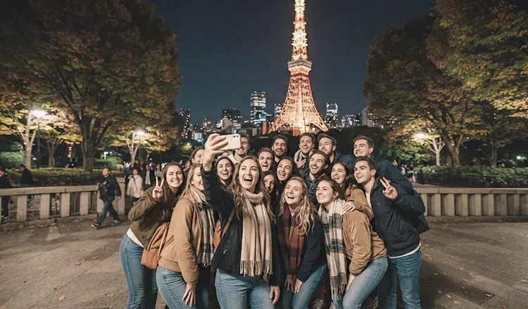 Young people take a picture front of Tokyo Tower at night