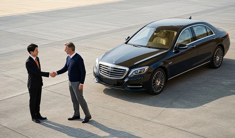 A chauffeur and a businessman shaking hands near a Mercedes-Benz S-Class.