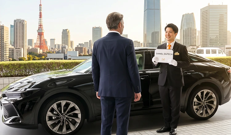 A chauffeur holding a name board at the hotel entrance.
